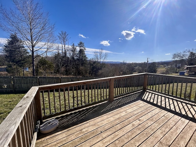 wooden terrace featuring fence and a lawn