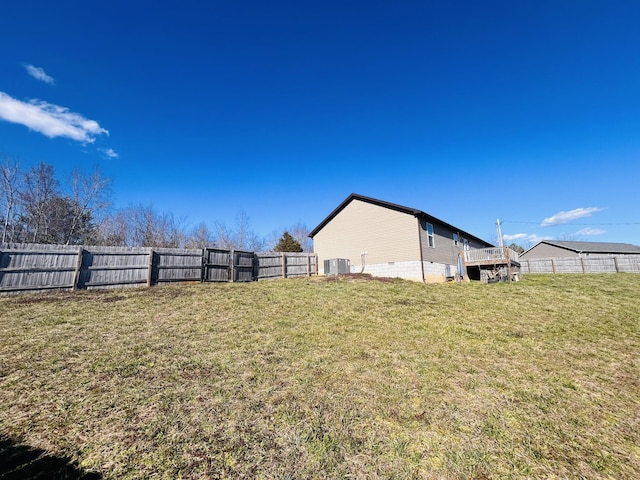 view of yard featuring a fenced backyard and central AC unit