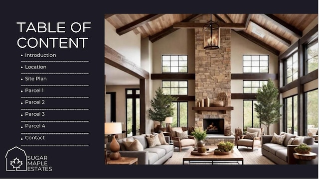 living area with a stone fireplace, beam ceiling, wood ceiling, and a healthy amount of sunlight