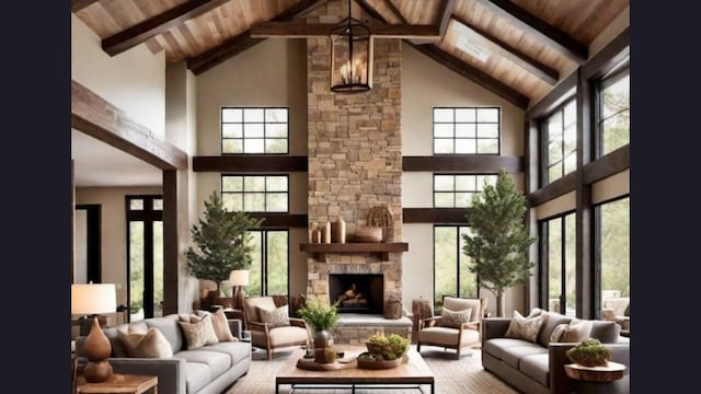 living area with beamed ceiling, wooden ceiling, a fireplace, and a high ceiling