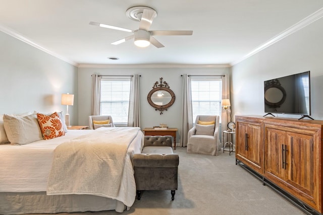 bedroom featuring light carpet, multiple windows, and ornamental molding