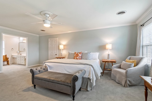 bedroom featuring visible vents, baseboards, light colored carpet, ceiling fan, and ornamental molding