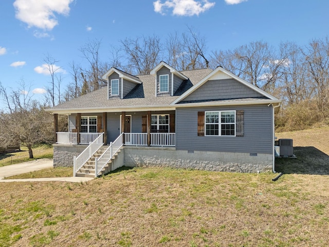 view of front facade featuring crawl space, a front lawn, a porch, and central AC unit