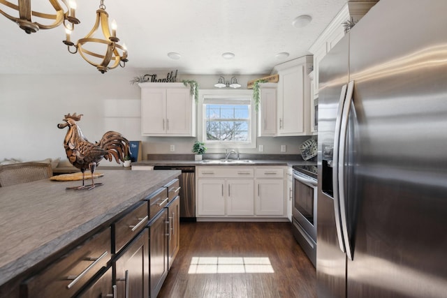 kitchen with stainless steel appliances, dark wood-style flooring, a sink, and white cabinetry