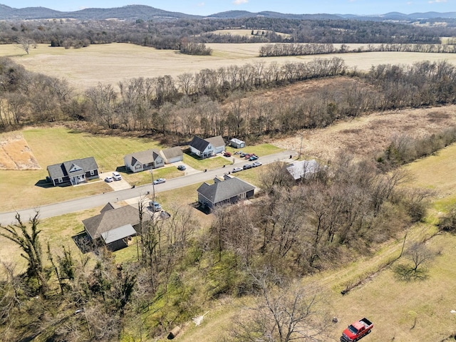 bird's eye view featuring a mountain view and a rural view