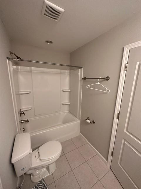 bathroom with shower / washtub combination, visible vents, toilet, tile patterned flooring, and baseboards