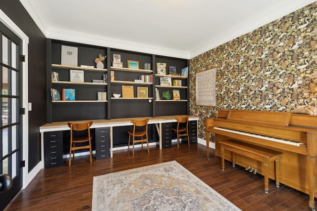 office with ornamental molding and wood finished floors