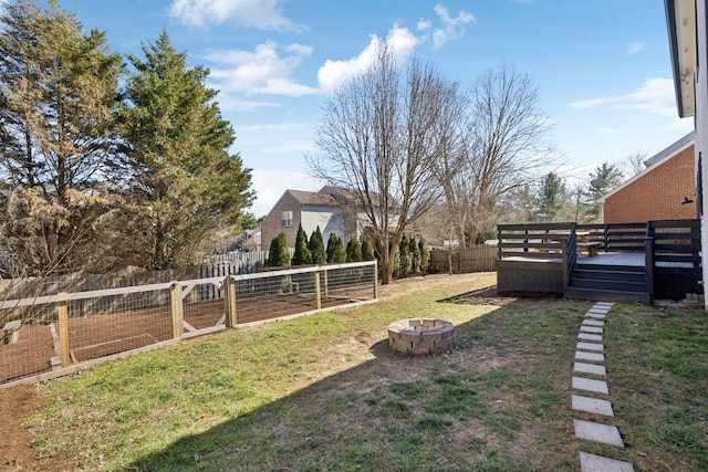 view of yard with a fire pit, a deck, a fenced backyard, and a vegetable garden