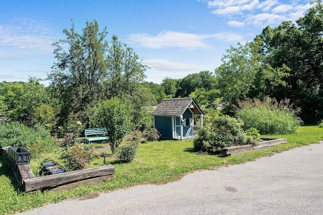 view of yard featuring an outbuilding, a vegetable garden, and a storage unit