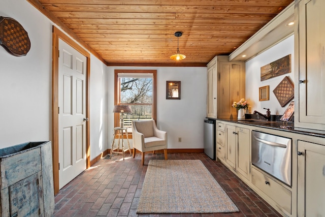 interior space featuring brick floor, wood ceiling, a sink, and baseboards