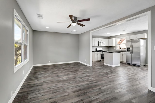 unfurnished living room with a sink, visible vents, baseboards, and dark wood-type flooring