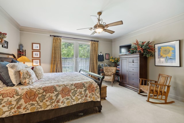 carpeted bedroom featuring ornamental molding, access to exterior, baseboards, and a ceiling fan