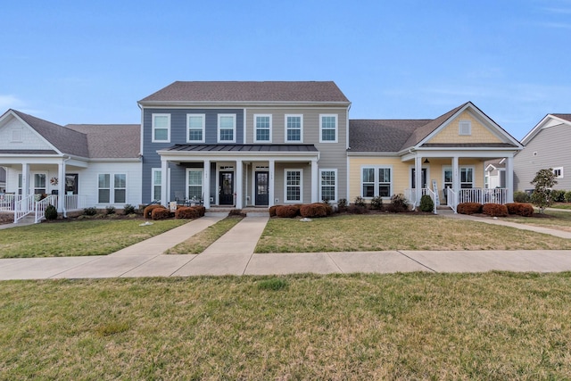 colonial-style house with a porch, a front lawn, and roof with shingles