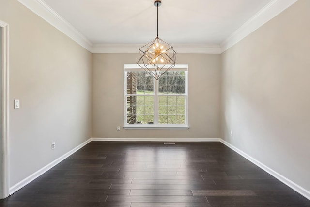 unfurnished dining area featuring an inviting chandelier, baseboards, dark wood finished floors, and ornamental molding