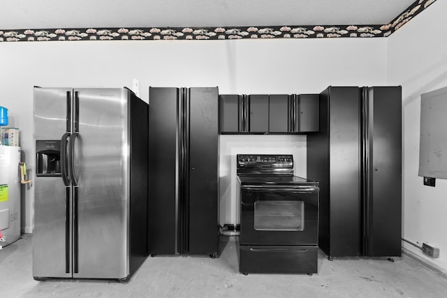 kitchen featuring stainless steel refrigerator with ice dispenser, water heater, black electric range oven, unfinished concrete floors, and dark cabinets