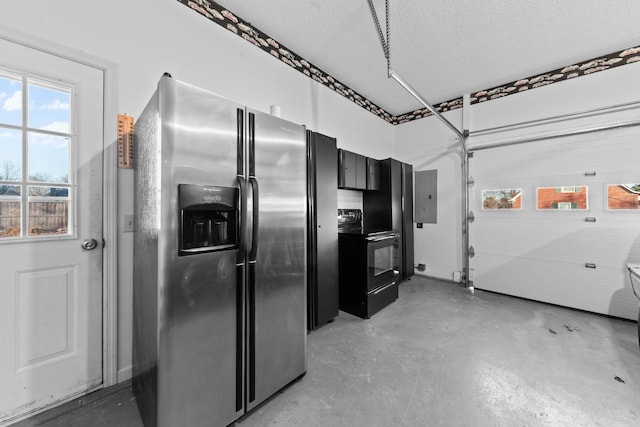 kitchen featuring electric range, finished concrete floors, a textured ceiling, electric panel, and stainless steel fridge with ice dispenser