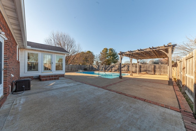 view of pool with a fenced in pool, a fenced backyard, central air condition unit, a patio area, and a pergola