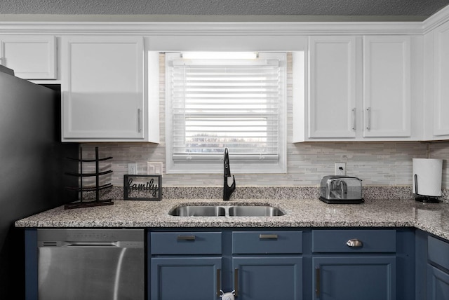 kitchen featuring blue cabinets, white cabinets, a sink, and stainless steel dishwasher