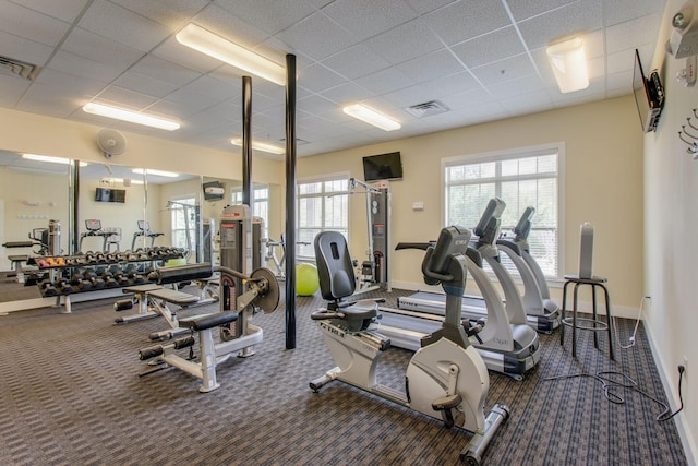 gym with a healthy amount of sunlight, visible vents, and carpet flooring