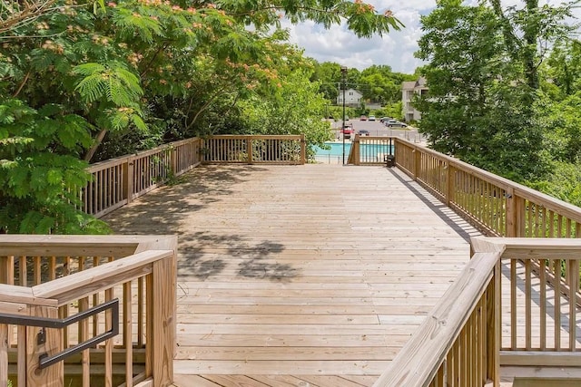 deck featuring a fenced in pool