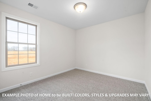 unfurnished room featuring baseboards, visible vents, and carpet flooring