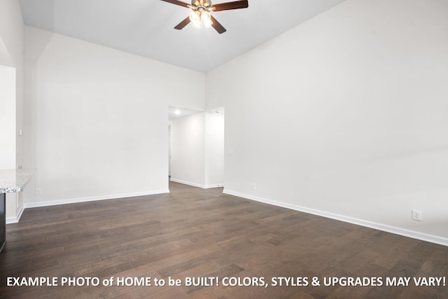 empty room featuring ceiling fan, baseboards, and dark wood-type flooring