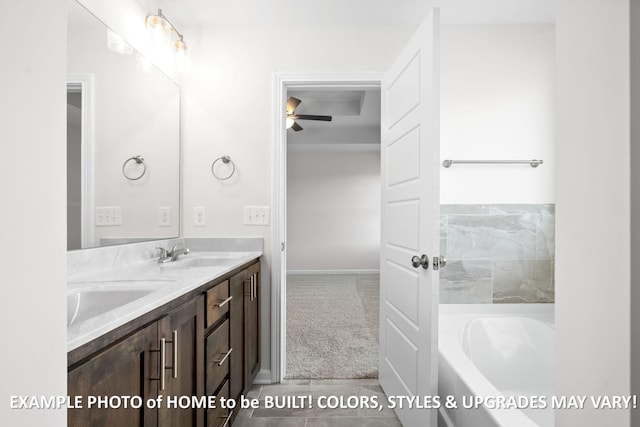 bathroom with double vanity, a sink, and a washtub