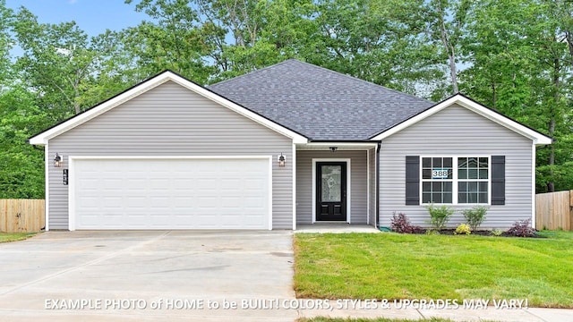 ranch-style home featuring an attached garage, fence, driveway, roof with shingles, and a front lawn