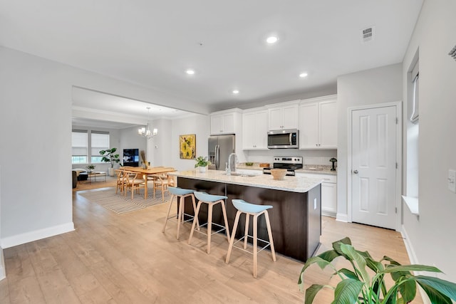 kitchen with a center island with sink, appliances with stainless steel finishes, a kitchen breakfast bar, white cabinetry, and a sink