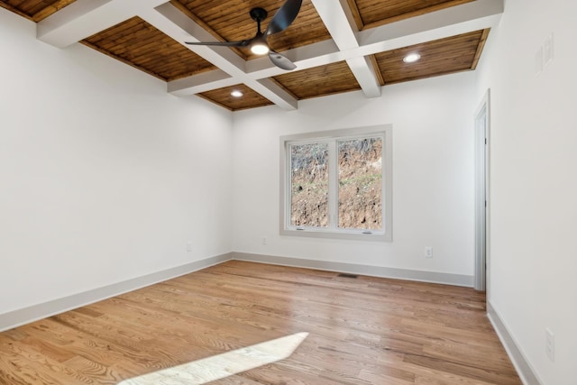 spare room with wood ceiling, coffered ceiling, beamed ceiling, and light wood-style flooring