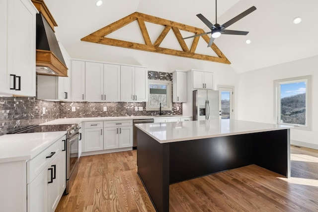 kitchen with plenty of natural light, custom range hood, stainless steel appliances, and a sink