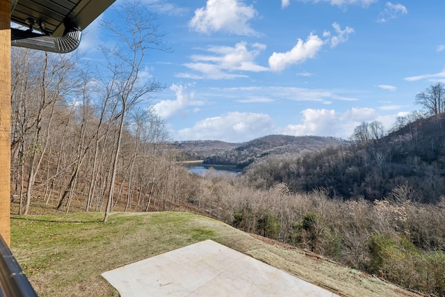 view of yard featuring a forest view, a patio area, and a water and mountain view