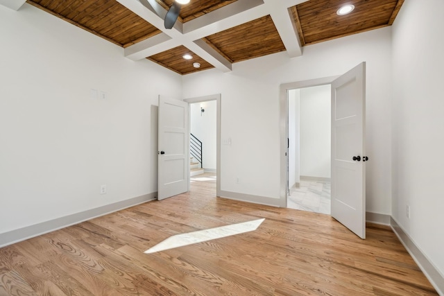 unfurnished bedroom with light wood finished floors, wooden ceiling, and coffered ceiling