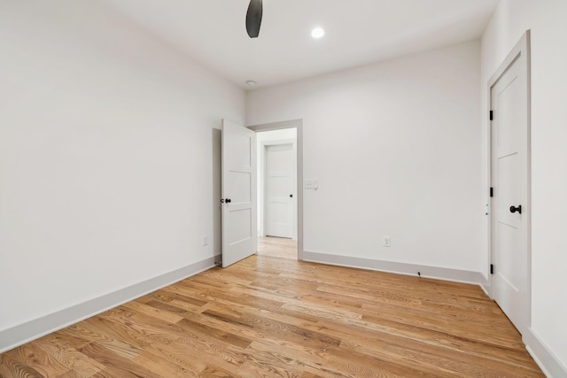 unfurnished bedroom with recessed lighting, baseboards, ceiling fan, and light wood finished floors