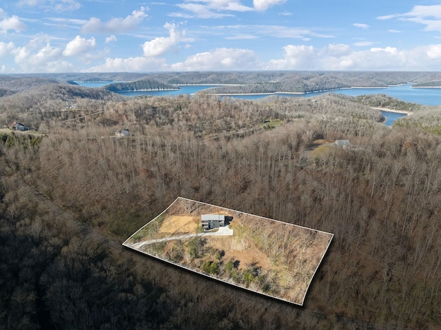 drone / aerial view with a water view and a wooded view