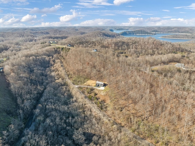 birds eye view of property with a water view and a view of trees