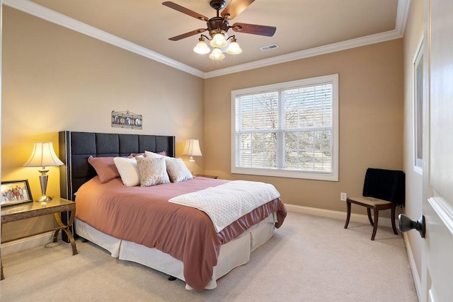 bedroom with baseboards, visible vents, crown molding, and light colored carpet