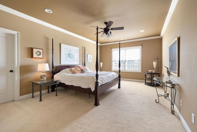 bedroom featuring carpet flooring, crown molding, and baseboards