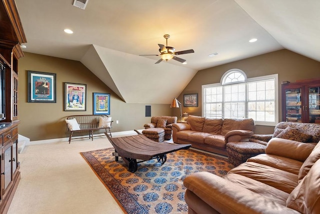 living area with lofted ceiling, light carpet, visible vents, and recessed lighting