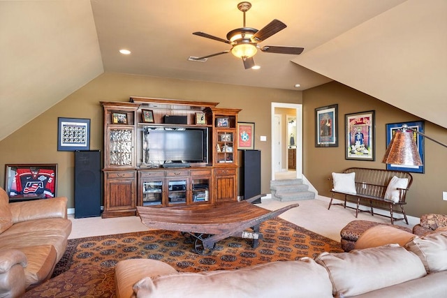 living area featuring baseboards, lofted ceiling, ceiling fan, carpet floors, and recessed lighting