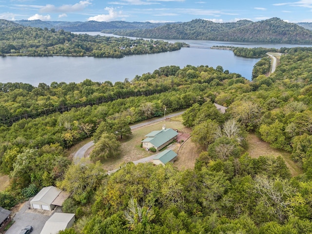 bird's eye view featuring a view of trees and a water and mountain view