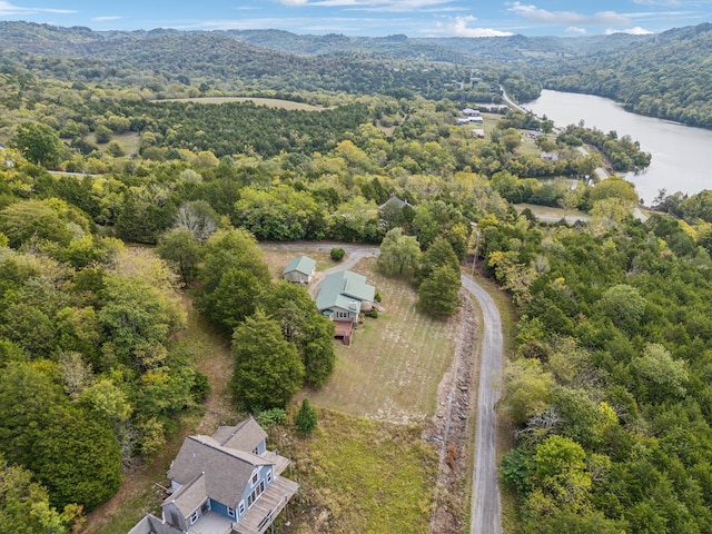 birds eye view of property with a forest view and a water view