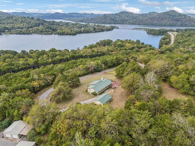 bird's eye view featuring a view of trees and a water and mountain view