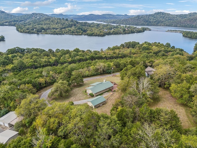 drone / aerial view with a forest view and a water and mountain view