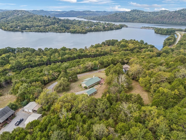 birds eye view of property featuring a forest view and a water and mountain view