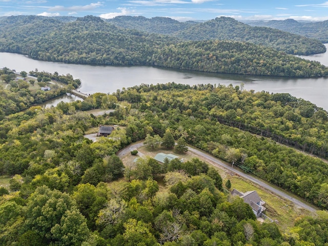 bird's eye view featuring a water view and a view of trees