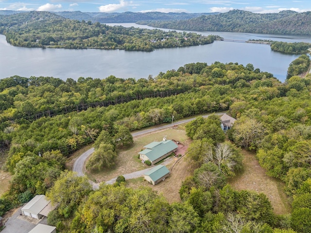 birds eye view of property featuring a forest view and a water view