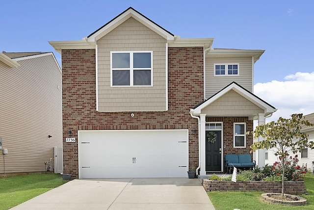 view of front of home with a garage, concrete driveway, and brick siding