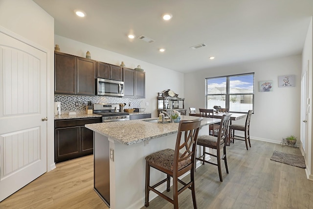 kitchen with stainless steel appliances, visible vents, dark brown cabinets, decorative backsplash, and a kitchen bar