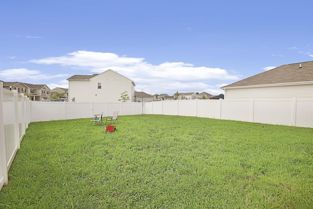 view of yard featuring a fenced backyard and a residential view